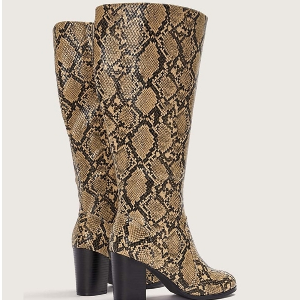 Beige faux snake print knee-high boots